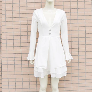 2021 Nauja Pavasario Vasaros Streetwear Ilgai Blyksnius Rankovėmis V-Kaklo Balto Šifono Suknelė Moterims Atsitiktinis Pynimas Šalis Suknelės Komplektai