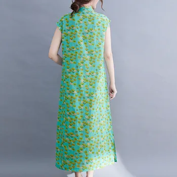 2021 Naują Atvykimo Duobute Mados Kinų Stiliaus Suknelė cheongsam Plonas Minkštas Medvilnės Skalbiniai Spausdinti Gėlių Derliaus Moterų Vasaros Suknelė