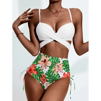 3Pcs Bikini Rinkinys Moterims Gėlių Spausdinti Aukštos Juosmens Biquini Maudymosi kostiumai Seksualus Tvarstis Push Up maudymosi kostiumėlį Padengti Iki Paplūdimio Vasaros