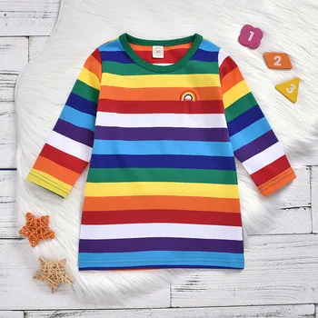 40# Bamblys Kūdikių marškinėliai Berniukams, Mergaitėms Vaivorykštė Spausdinti Dryžuotas Siuvinėti Long Sleeve T Shirt Žiemos Kostiumų Viršūnes Tshirts Одежда