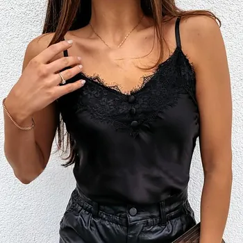 40# Sexy Satin Šilko Moterų Palaidinė su V-kaklo Nėrinių Diržas Viršuje Vasaros Vest Camisole Palaidinė tankų Atsitiktinis Rankovių Clubwear Palaidinė