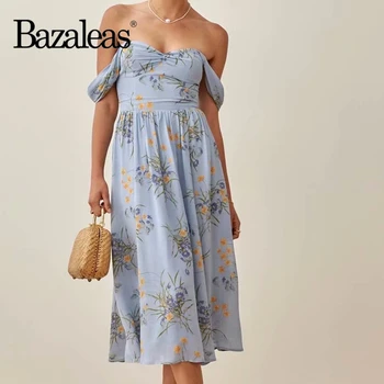 Bazaleas Elegantiška Mėlynos Spalvos Gėlių Spausdinti Midi Vasaros Moterų Suknelė Vintage Centras Ruched Suknelės Seksualus Off Peties Vestidos