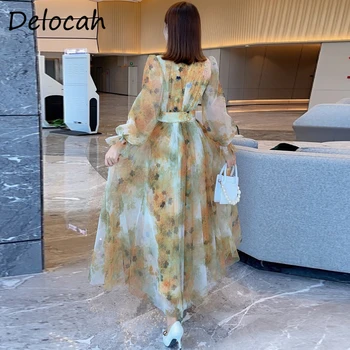 Delocah Naujas 2021 M. Vasaros Moterų Mados Dizaineris Šalies Tinklelio Suknelė Žibintų Rankovės Lankas Varčias Gėlių Spausdinti Elegantiškas Ponios Midi Suknelė