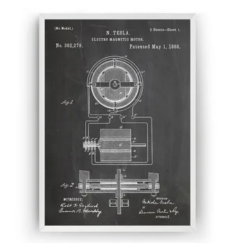 Derliaus Tesla Elektromagnetinio Variklio 1888 Patentų Sienos Inžinierius Planą, Plakatai, Drobė, Tapyba Spausdinti Sienos Dekoro Gyvenimo Namų Meno