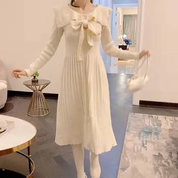 HOUZHOU Elegantiška Vintage Suknelė Mezgimo Kawaii Preppy Stiliaus Nėrinių Kratinys Rudens Žiemos ilgomis Rankovėmis Suknelės Kietas Komplektai