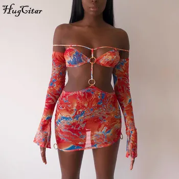 Hugcitar 2021 Off-Pečių Derliaus Spausdinimo Dirželis Backless Mini Suknelė Vasaros Moterims Seksualus Klubas Streetwear