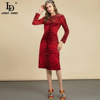 LD LINDA DELLA 2022 m. Pavasarį Sexy Red Leopard Aksomo Suknelė Moterų Slim ilgomis Rankovėmis Mados kilimo ir tūpimo Tako Elegantiškas Midi Suknelė