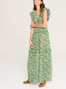 Lotus Lapų Rankovėmis V-kaklo Aukštos kokybės Žalioji Fėja Grožio ir Elegantiškas Maxi Suknelė
