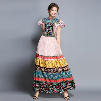 Moteriški Drabužiai Mados kilimo ir tūpimo Tako 2019 Gėlių Spausdinti Atostogų Suknelės O-kaklo High Waisted Grindų Ilgis Ilgas Boho Suknelė Suknelės, Šaliai