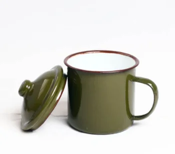 Rūdžių geros kokybės 370ml neperleidžiama cookable šildomos nostalgiškas emalio arbatos puodelis su dangteliu mėlyna ratlankio puodelis ir dangtelis