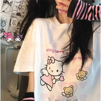 Sanrio Hello Kitty Vedlys Spausdinimo trumpomis Rankovėmis Vasarą T-shirt Moterų Top Moterims
