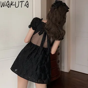 WAKUTA Saldus Trumpas Sluoksniuotos Rankovėmis Mini Suknelės Moterims 2021 Naujas Plonas Mielas Atgal Nėrinių Aikštėje Nėrinių Apykaklę Mergina Suknelė Elegantiška Vintage