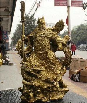 YM 308 Kinija Žalvario Dragon Skraiste Stovėti Dragon Warrior Gong Guan Yu Durys-Dievo Statula Kardas